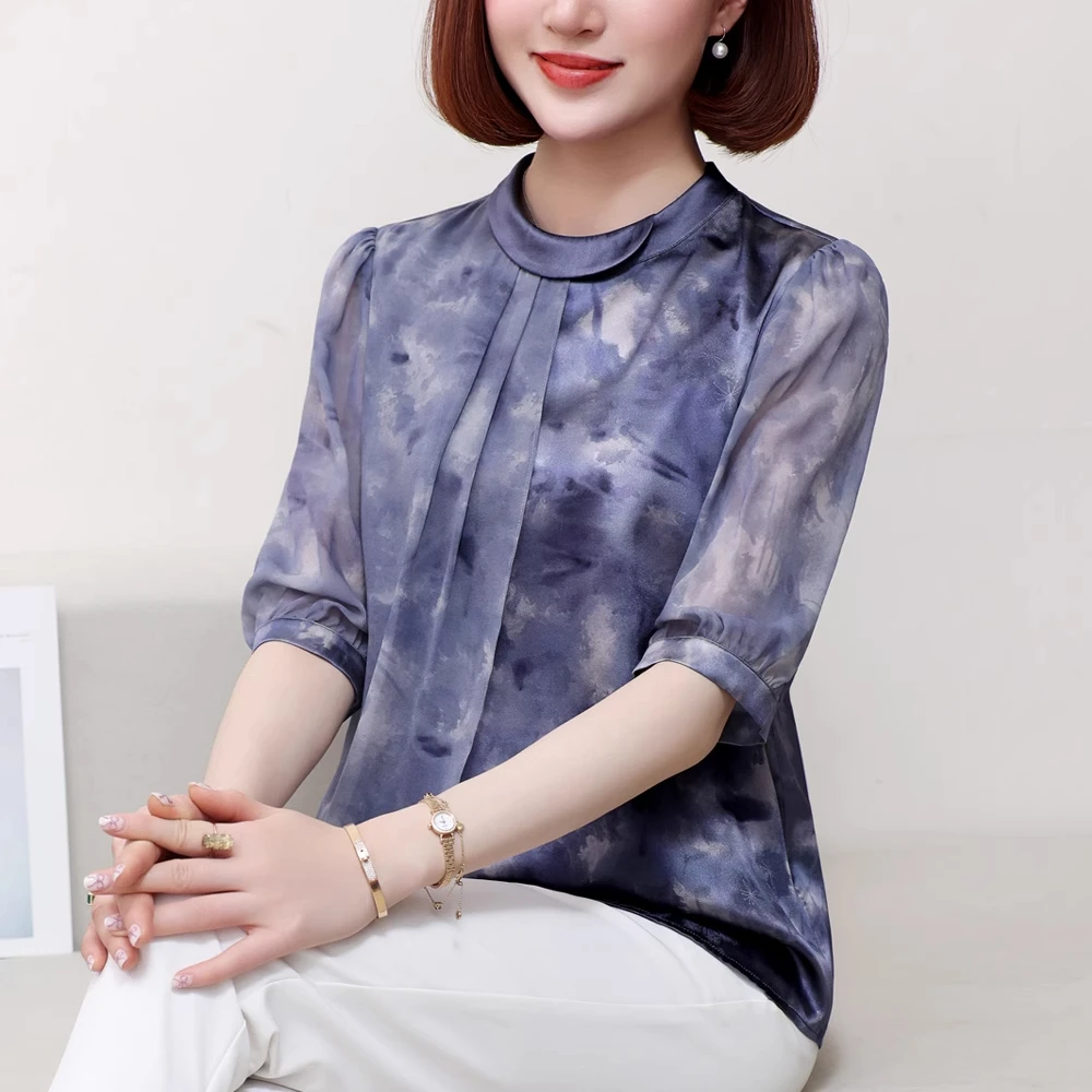 2025新款妈妈夏装真丝上衣洋气中老年女装高贵夫人桑蚕丝t恤小衫