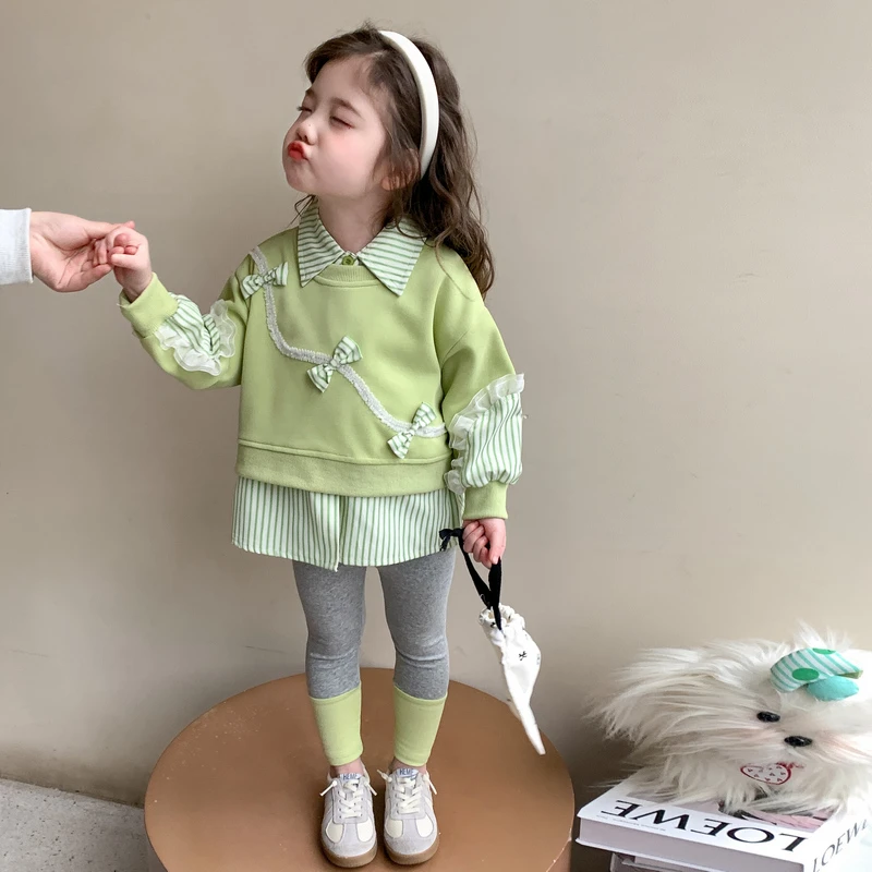 B017春秋女童套头拼接花边春季少女风套装长袖时髦假两件韩版童装
