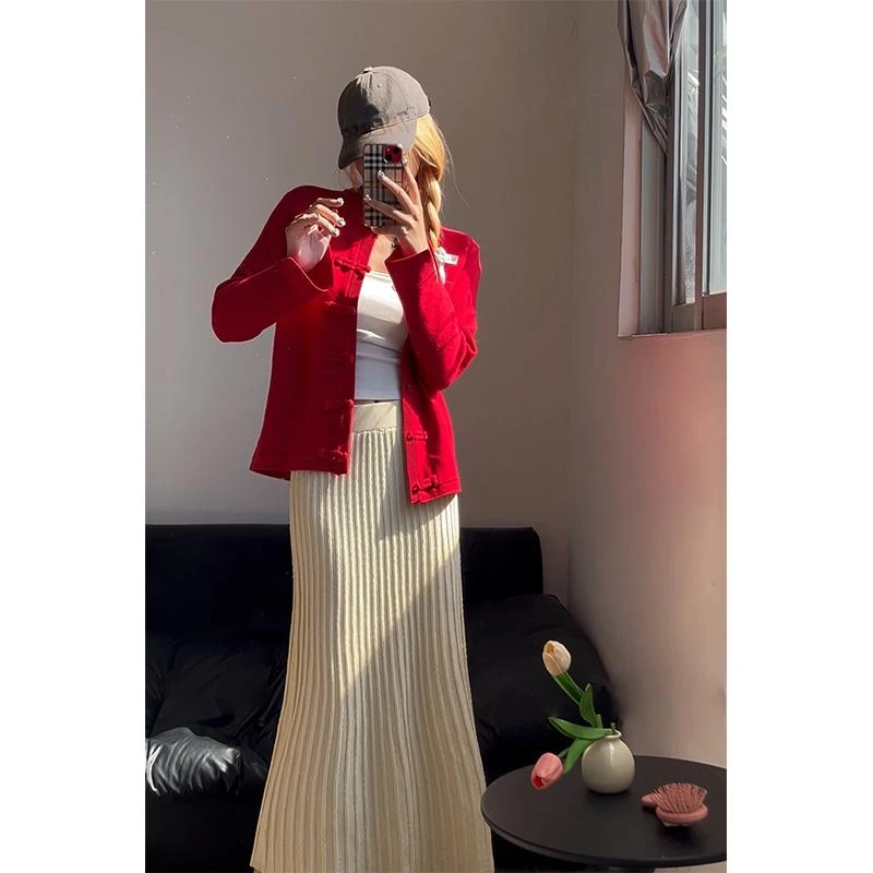 温柔系舒适透气显瘦百搭红色针织开衫上衣高腰宽松纯色半身裙套装