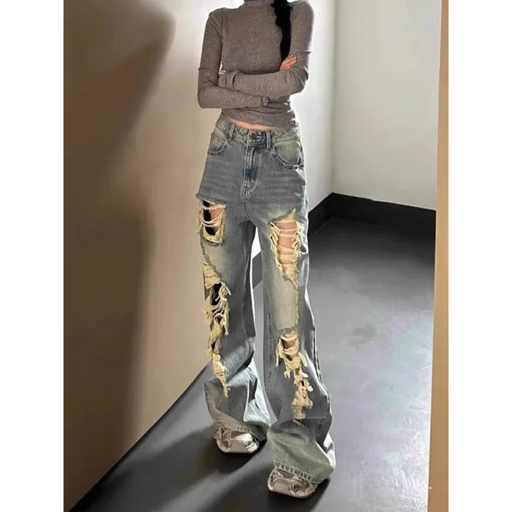 高个子加长美式复古破洞阔腿牛仔裤女新款高腰宽松显瘦直筒拖地裤