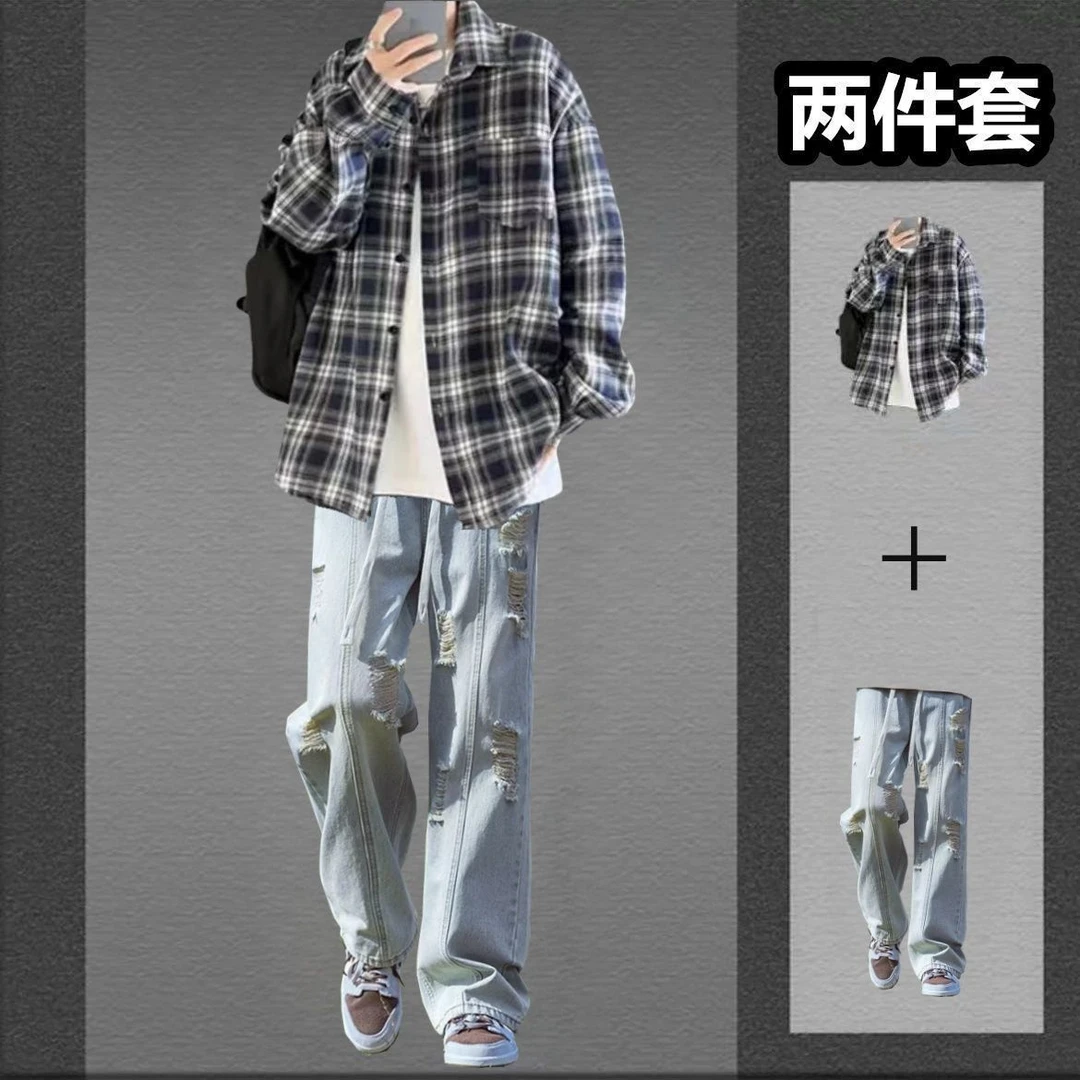复古美式休闲格子花衬衫外套搭配破洞高街松紧腰牛仔裤青少年套装