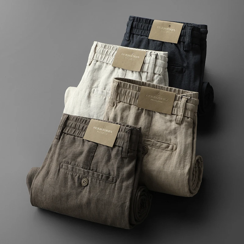 100%纯亚麻夏季薄款松紧腰透气亲肤不扎肉纯麻男士直筒宽松休闲裤