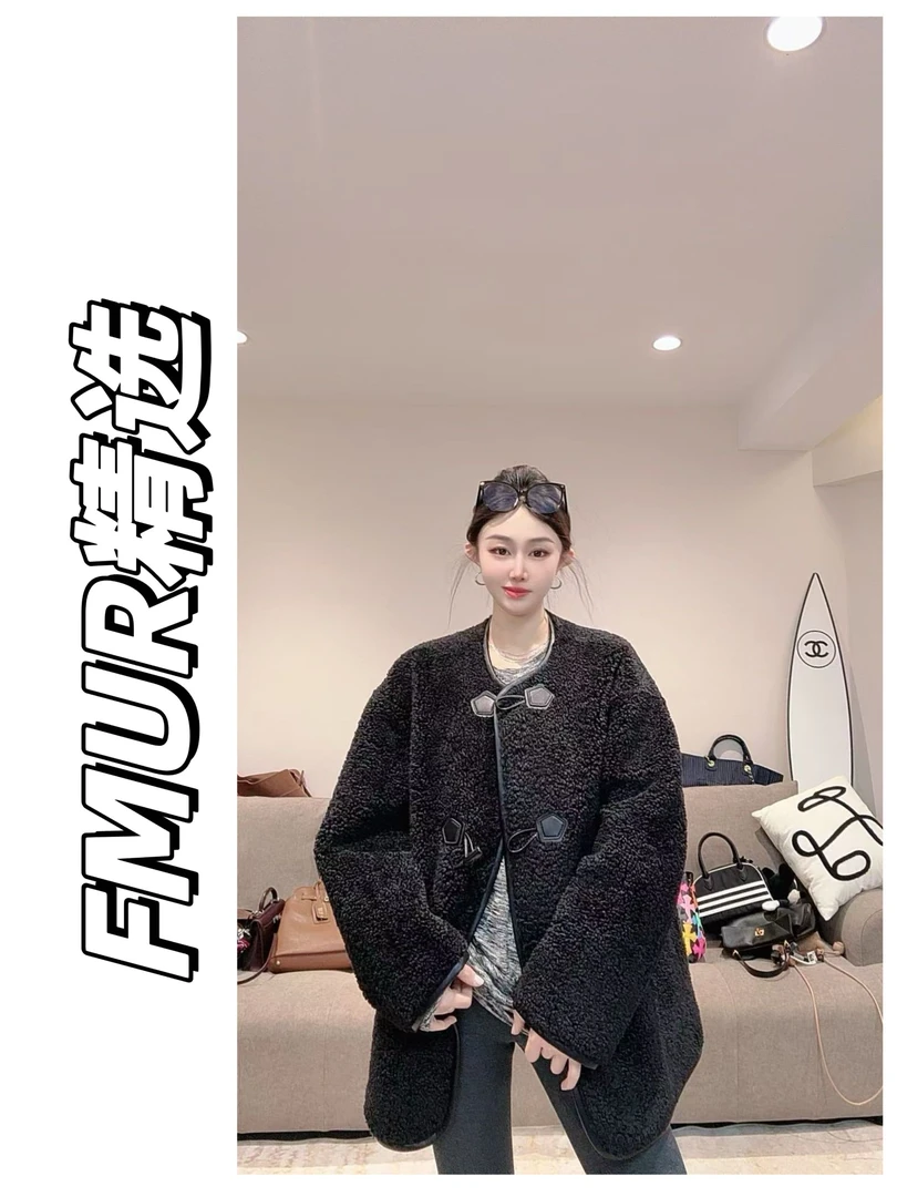 FMUR【9033】 韩版宽松环保毛绒慵懒圆领牛角扣外套