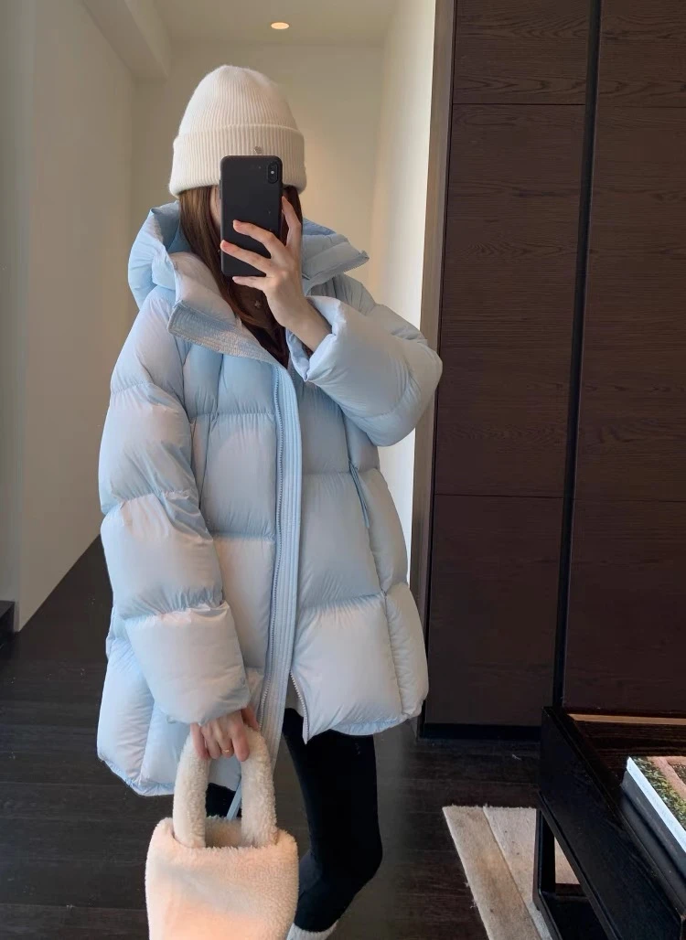 极寒泡芙百搭羽绒服新款时尚中长款连帽羽绒服-桃