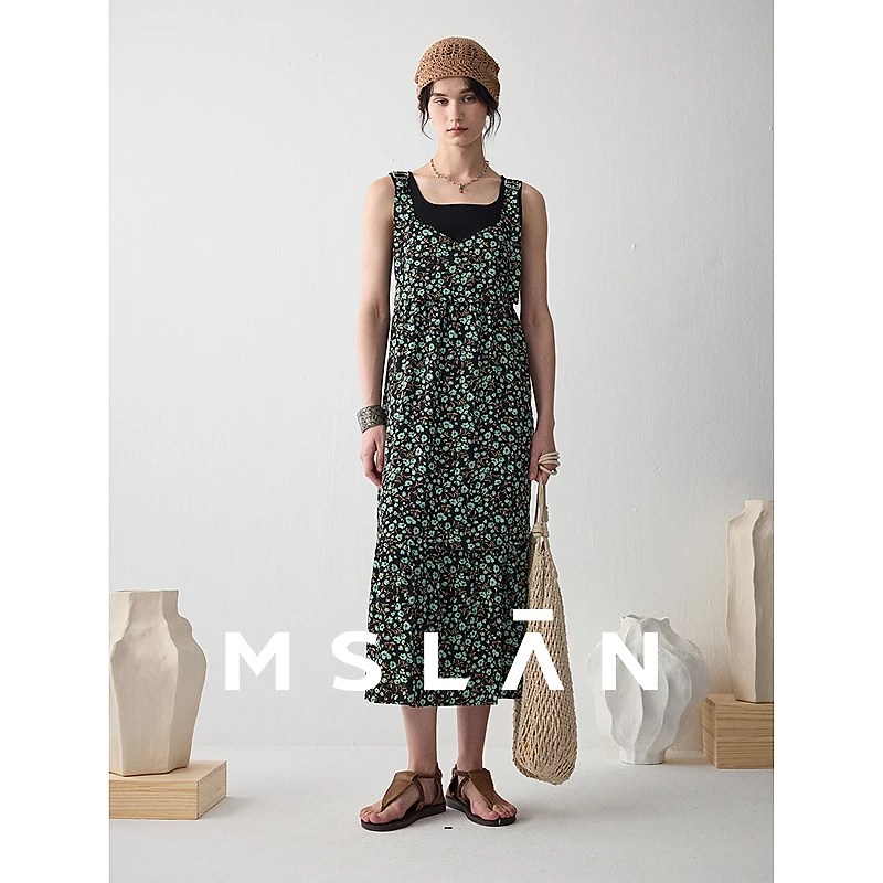 MSLAN【可调节】夏复古褶皱碎花仙女裙雪纺绑带吊带裙女 MFBV4110