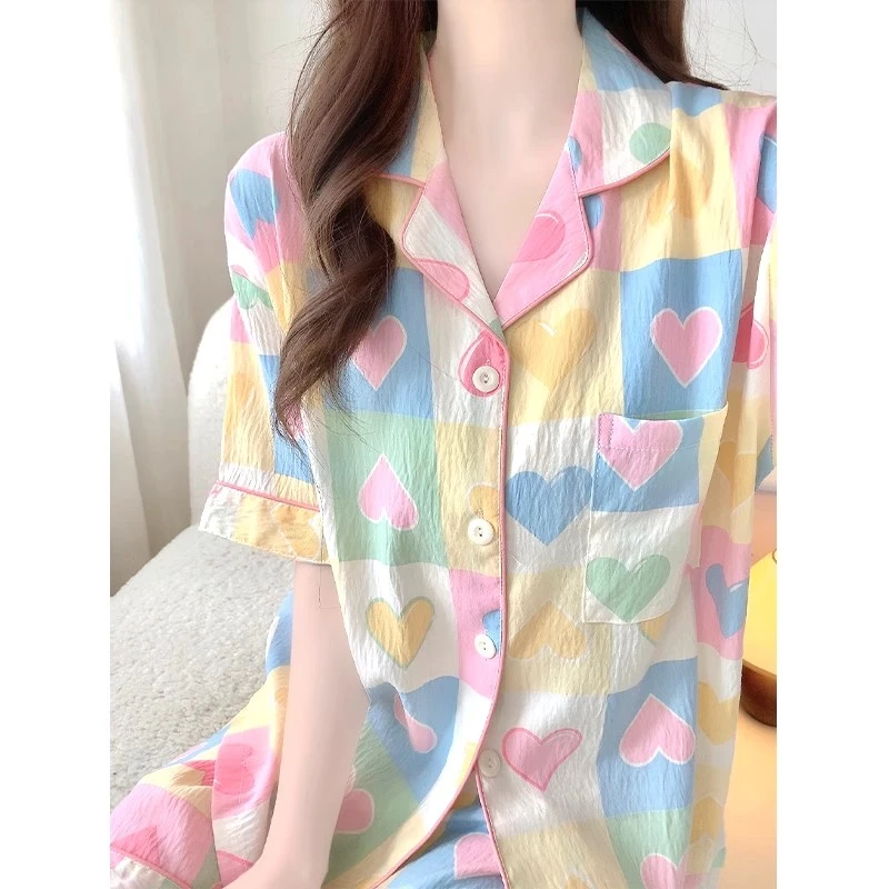 彩格爱心云朵棉睡衣女夏季新款可外穿甜美家居服套装夏天女士薄款