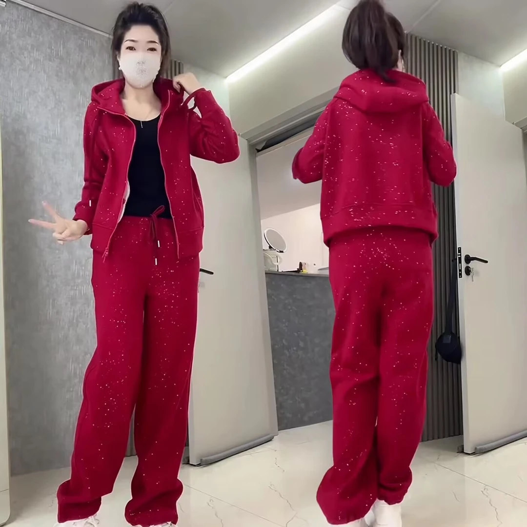 加绒加厚休闲运动套装女韩版重工亮片连帽外套阔腿裤高级感两件套