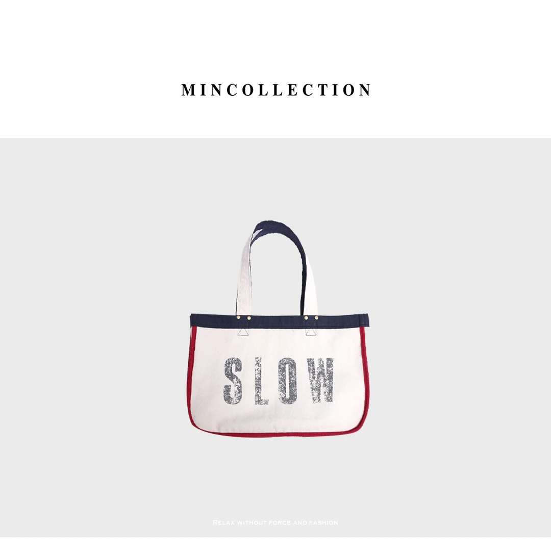 DE Mincollection定制面料大容量双面背按扣红蓝拼色帆布袋10325
