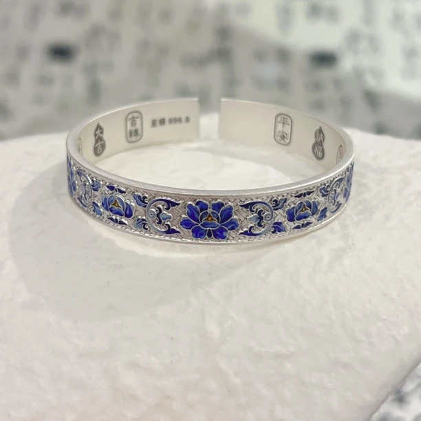 足银珐琅手镯 足银999.9青花瓷牡丹花珐琅彩方形开口吉言实心银镯