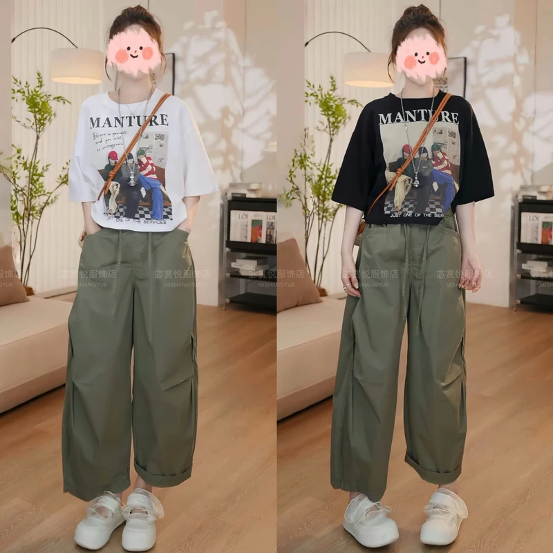 2025夏季时尚减龄卡通印花短袖T恤上衣显瘦百搭阔腿裤休闲套装女