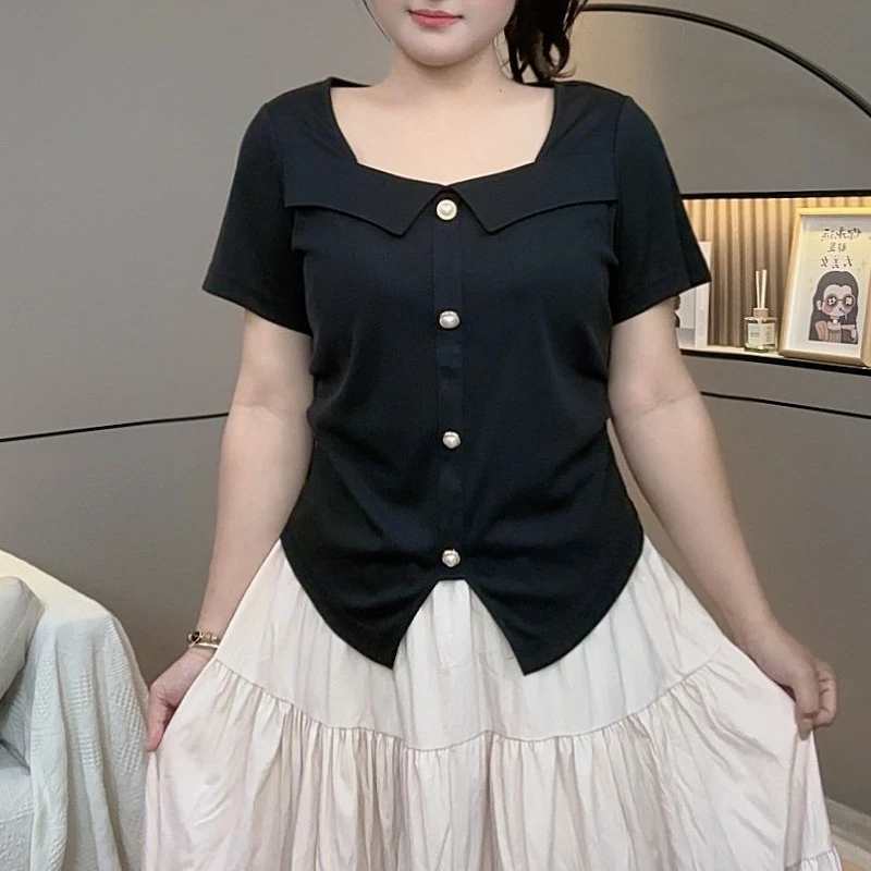 胖MM卿尧 D25027高级感正肩短袖T恤夏季修身收腰显瘦方领上衣