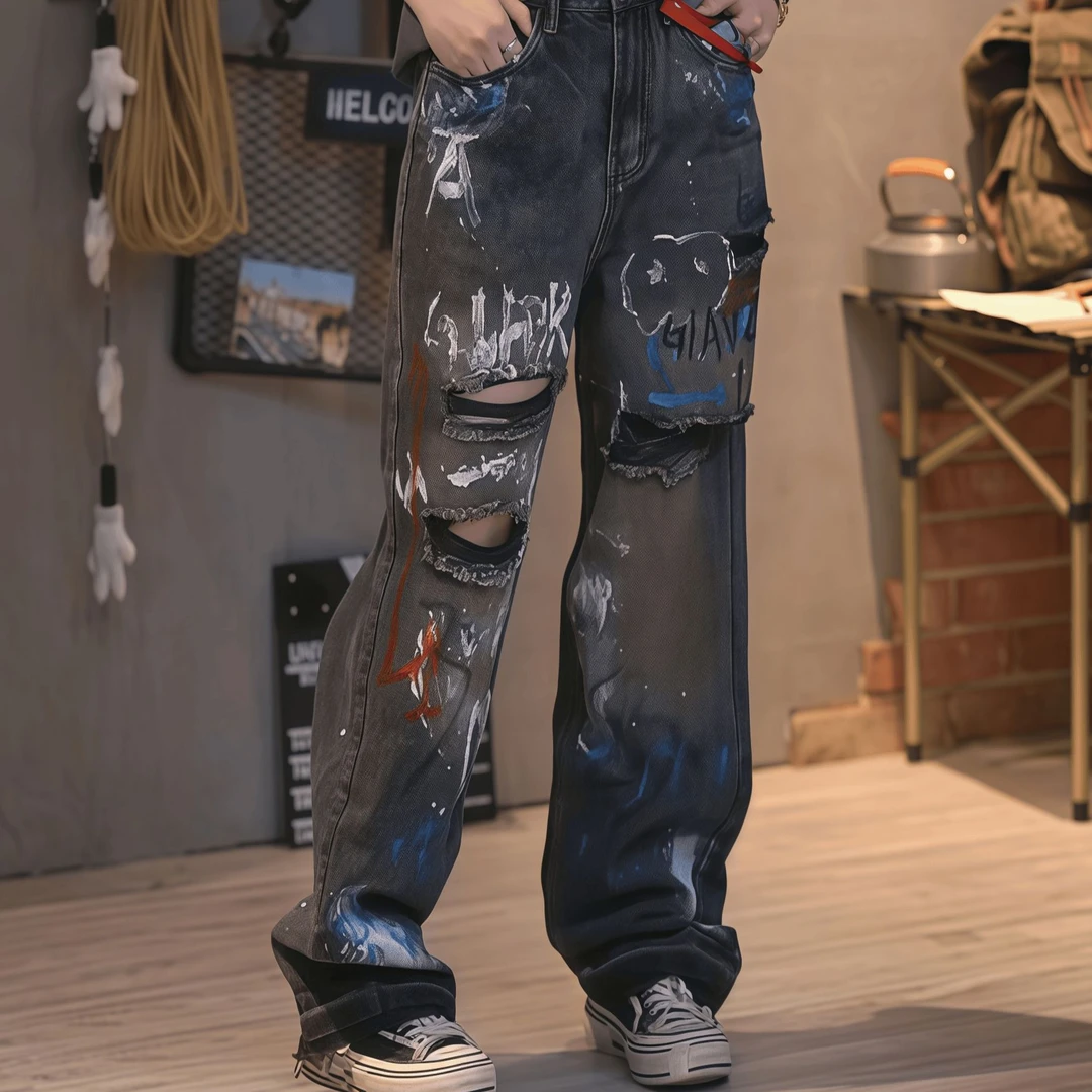 Lahamo/癞蛤蟆夏季黑色破洞设计绘画涂鸦宽松阔腿直筒男女牛仔裤