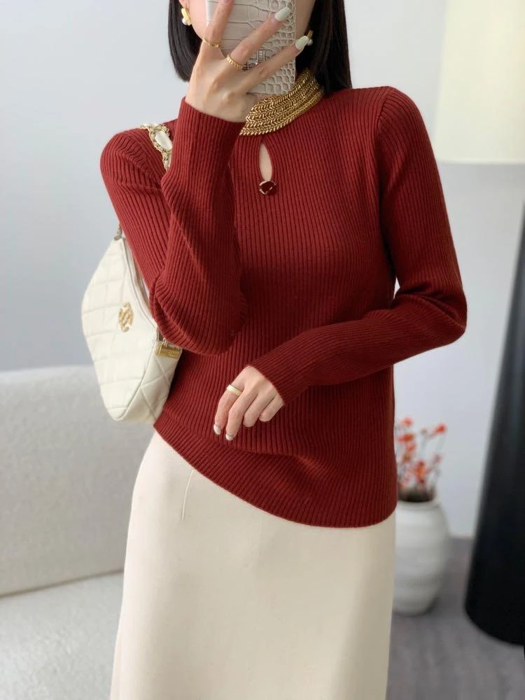 ANYUMO/安妤茉3101重工钉珠镂空针织套头毛衣打底别致时尚百搭女