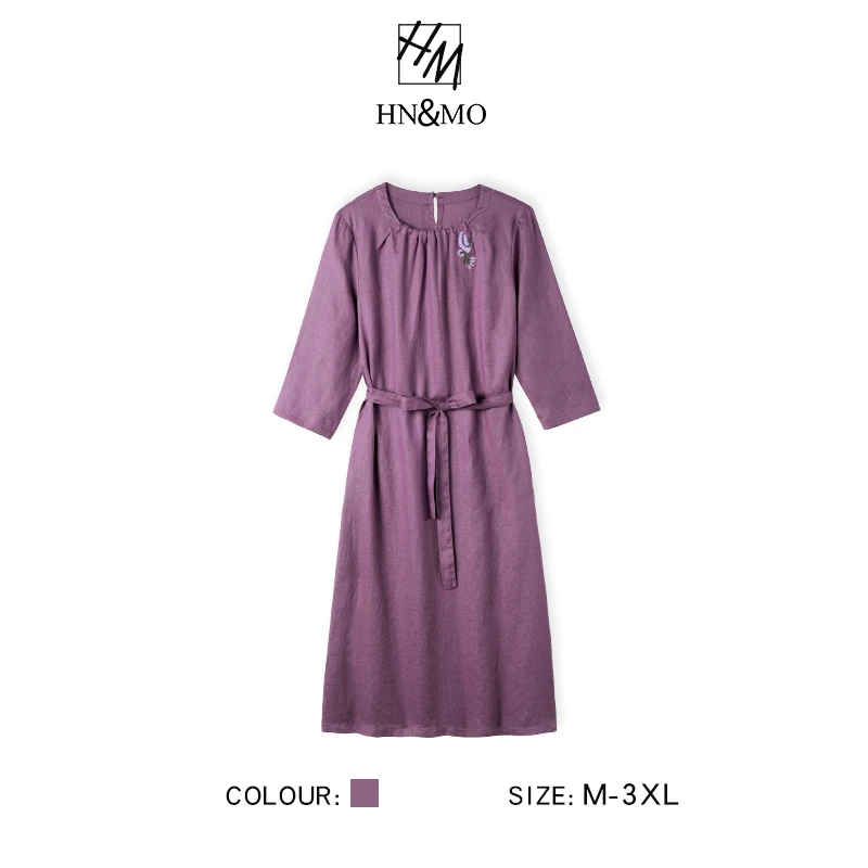 韩穆KA69516复古文艺印花连衣裙气质休闲长裙