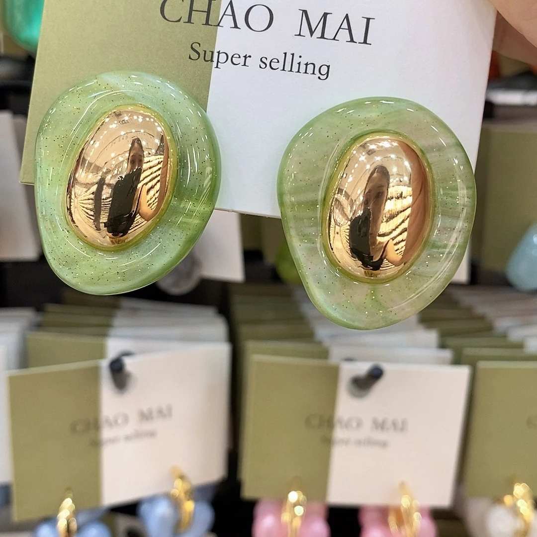 铜合金925银树脂绿色双层耳钉