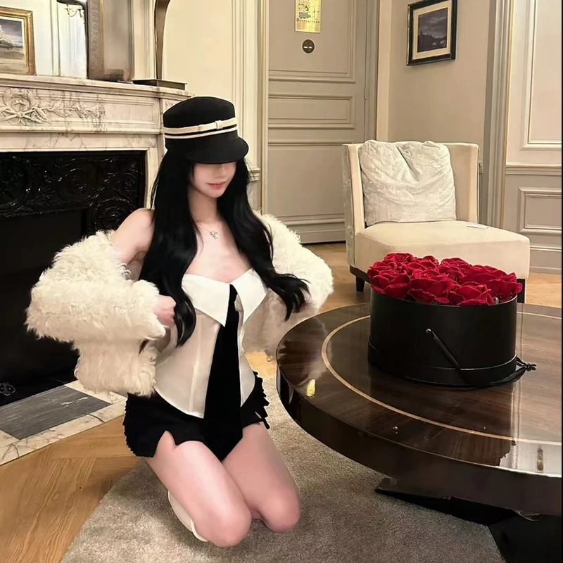 美式辣妹风纯欲领带翻领抹胸街头风时髦修身露背上衣显瘦半身裙女