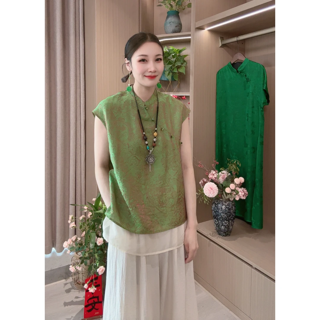 【清梦】夏季2025新款上衣小衫女装新中式国风立领提花气质无袖衬衫