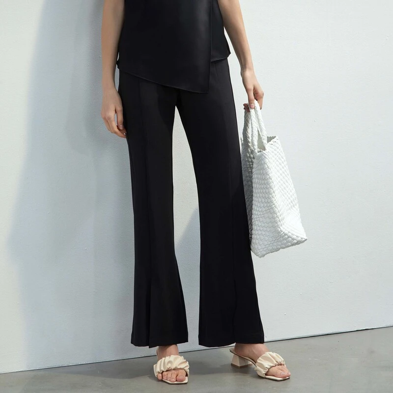 sdeer圣迪奥女装时尚休闲百搭松紧拼接插袋开叉喇叭长裤S23280809