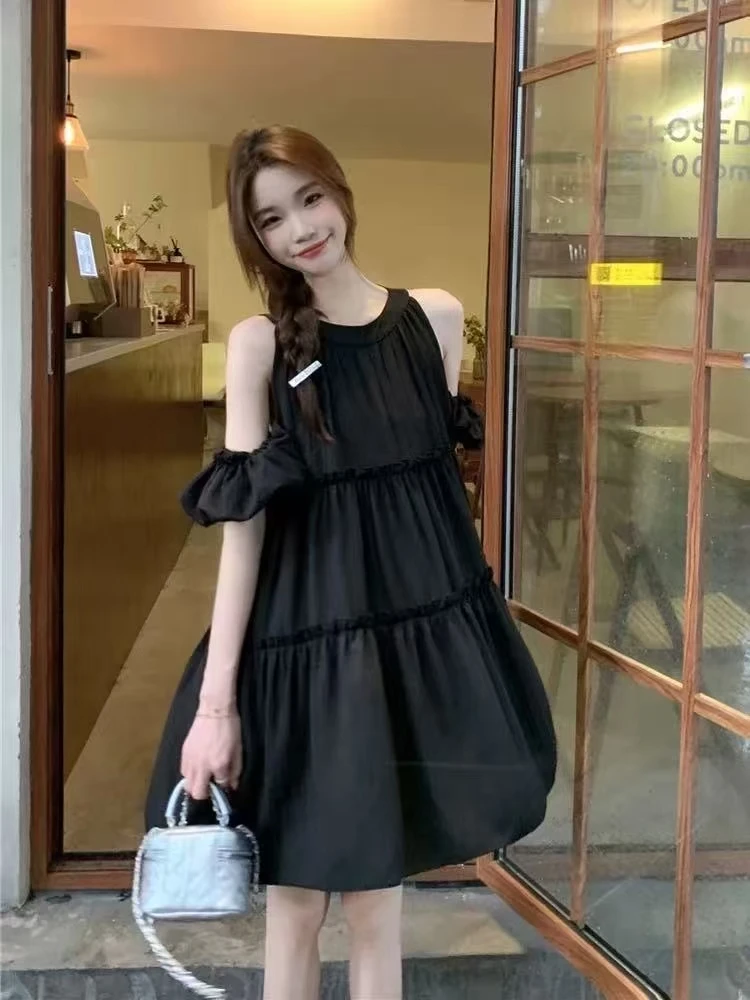 大码女装露肩泡泡袖挂脖后背系带女连衣裙裙子胖妹妹韩范时尚爆款