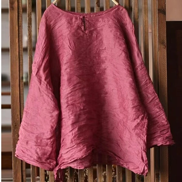 14331原创高支精细轻薄苎麻圆角开叉盘扣中式春夏宽松圆领衬衫