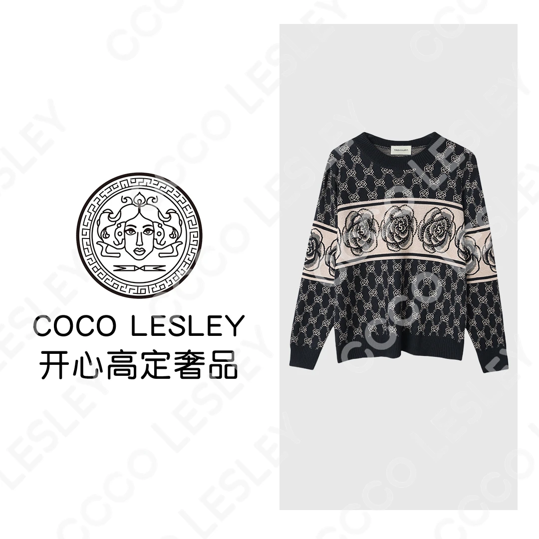 【COCO LESLEY】重工镶钻数字玫瑰花针织衫上衣宽松套头圆领毛衣