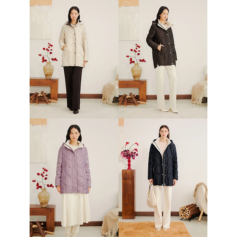 YINER音儿2025冬季法式缎面肌理撞色连帽一手长羽绒服8C65508286