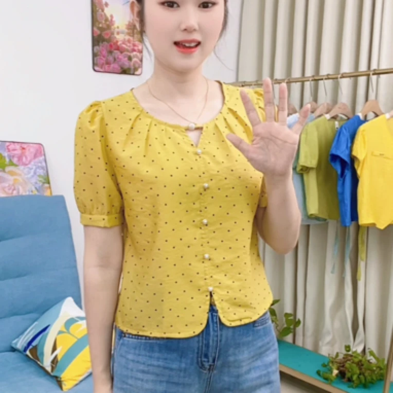 夏季新款法式圆领短袖衬衫洋气遮肉显瘦小件波点收腰甜美减龄上衣