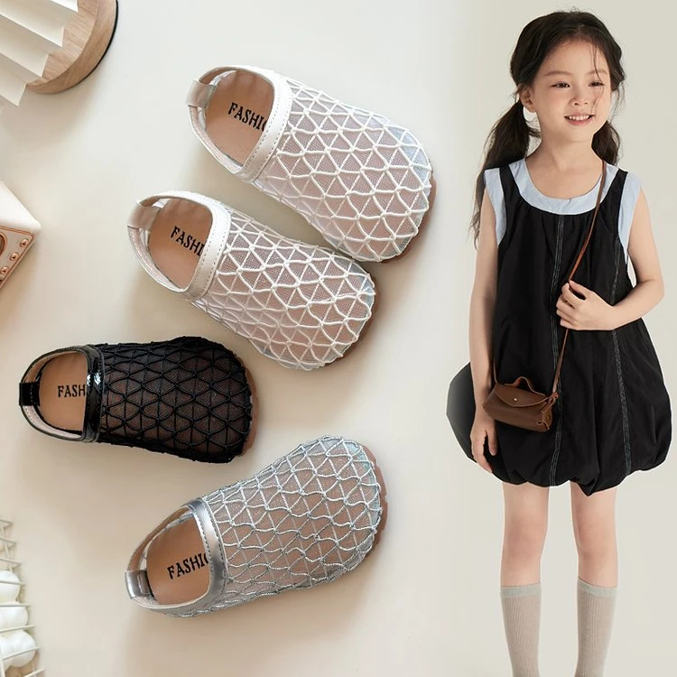 女童网镂空半拖鞋夏季新款中大童鞋时尚网纱包头凉拖女孩室外拖鞋