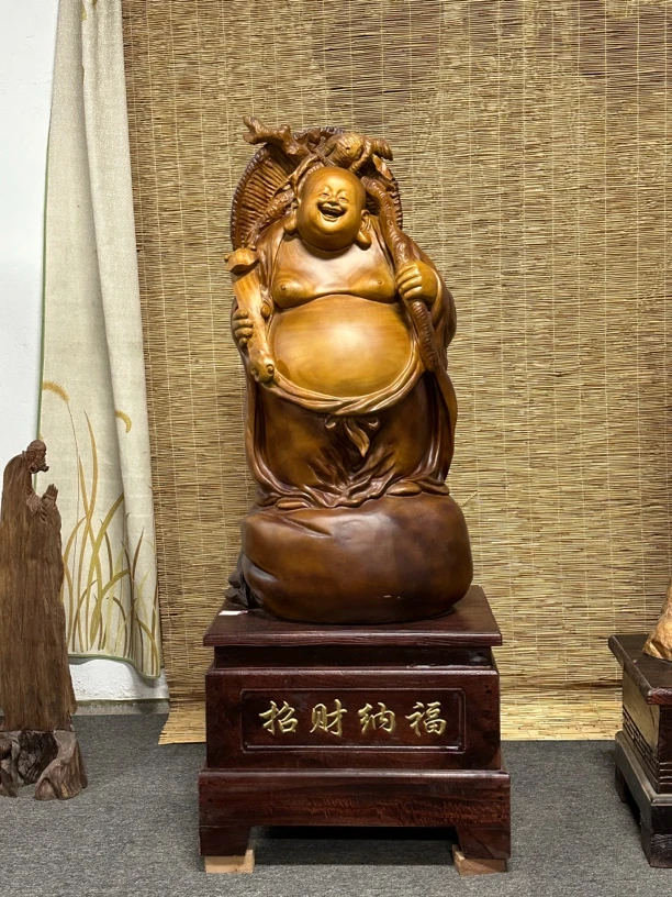 大肚弥勒佛香樟木手工雕刻木雕根雕摆件落地摆件