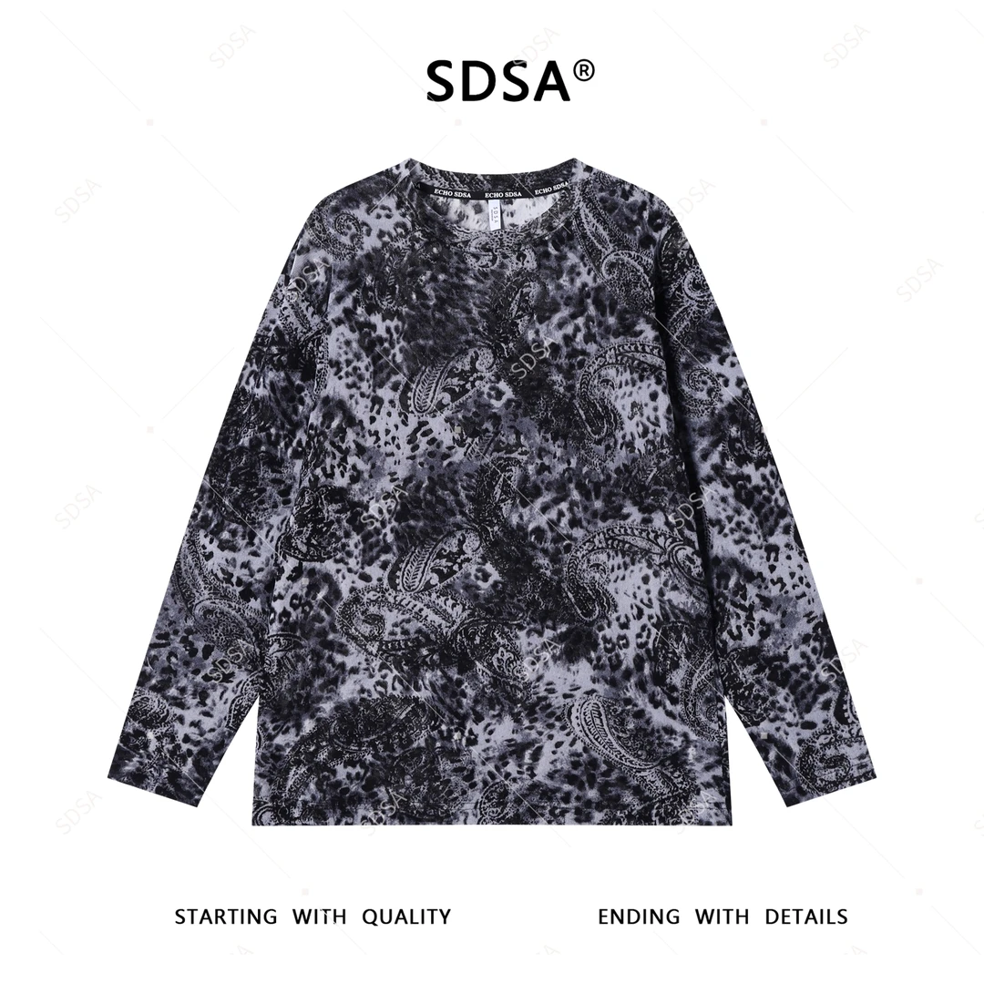 SDSA夏季新款男士痞帅美式扎染豹纹图案圆领长袖T恤复古百搭时尚