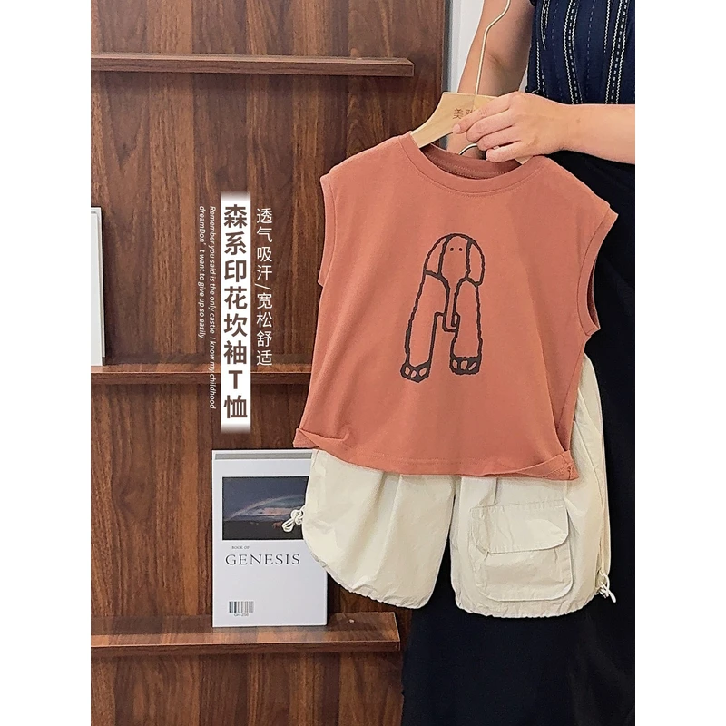 《运营推荐》自留韩版儿童森系字母无袖T恤男童2025夏背心25XL1117