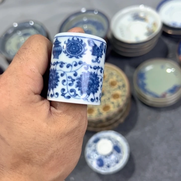 瓷片白青花缠枝莲扳指盖置全品