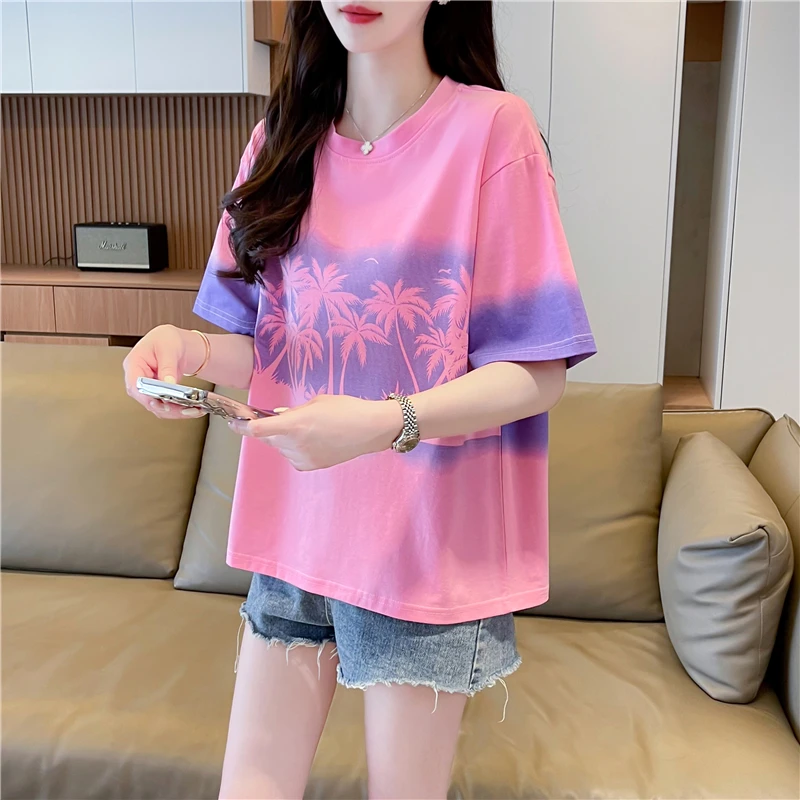 中长款大码半袖短袖夏装渐变夏季t恤女韩版小众T恤时尚