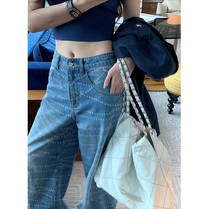 小香风激光烧花工艺波点链条珍珠图案印花牛仔裤中腰直筒阔腿长裤