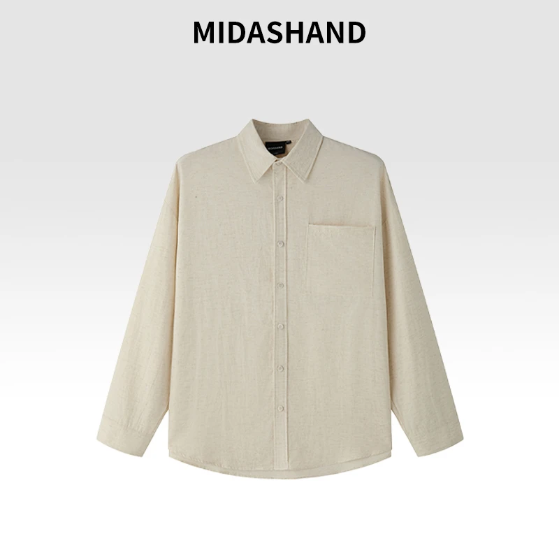 MIDASHAND 美式老钱纯色口袋简约通勤百搭纽扣翻领长袖亚麻衬衫男