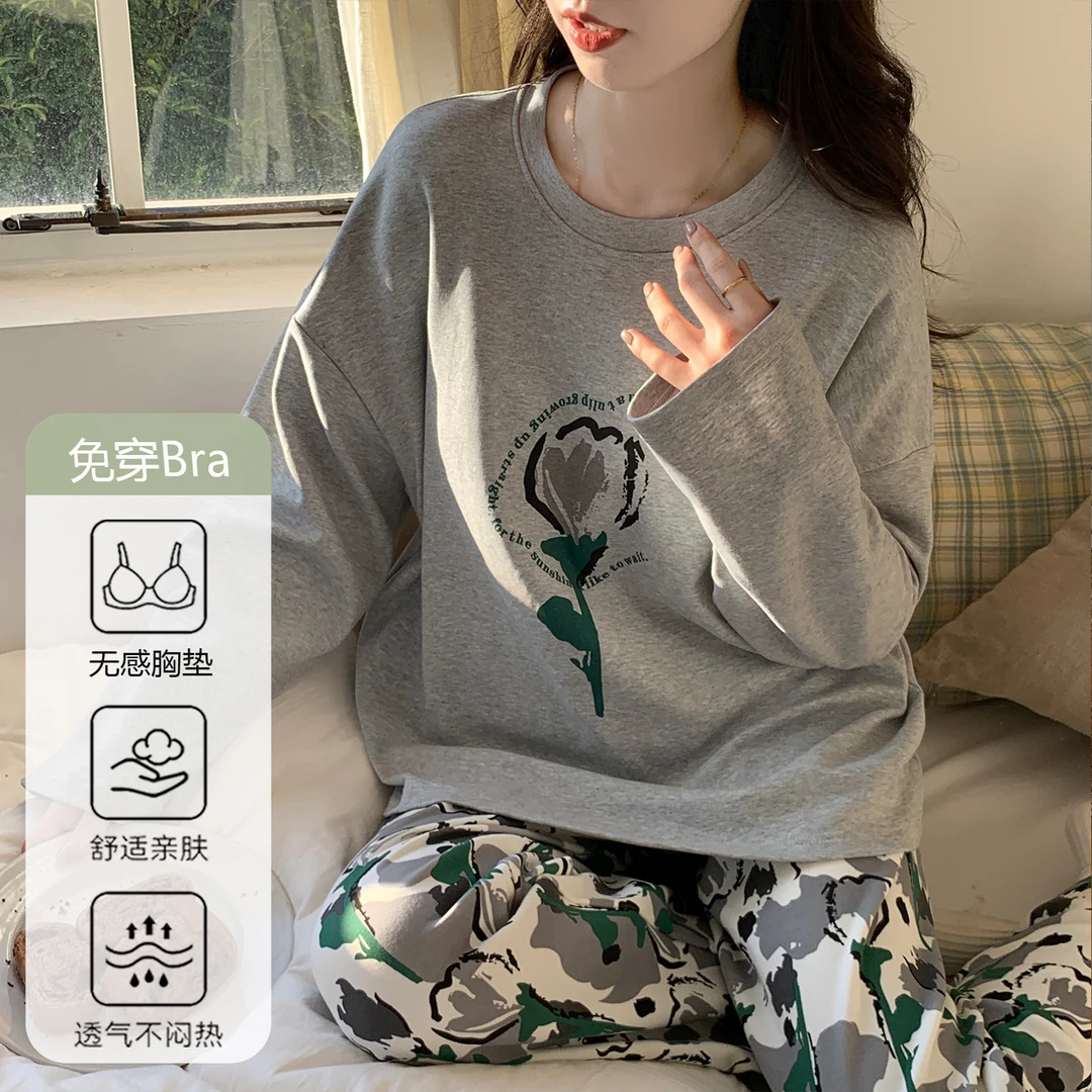 高颜值秋冬睡衣女款爆款2025新款长袖长裤自带胸垫可外穿家居服春