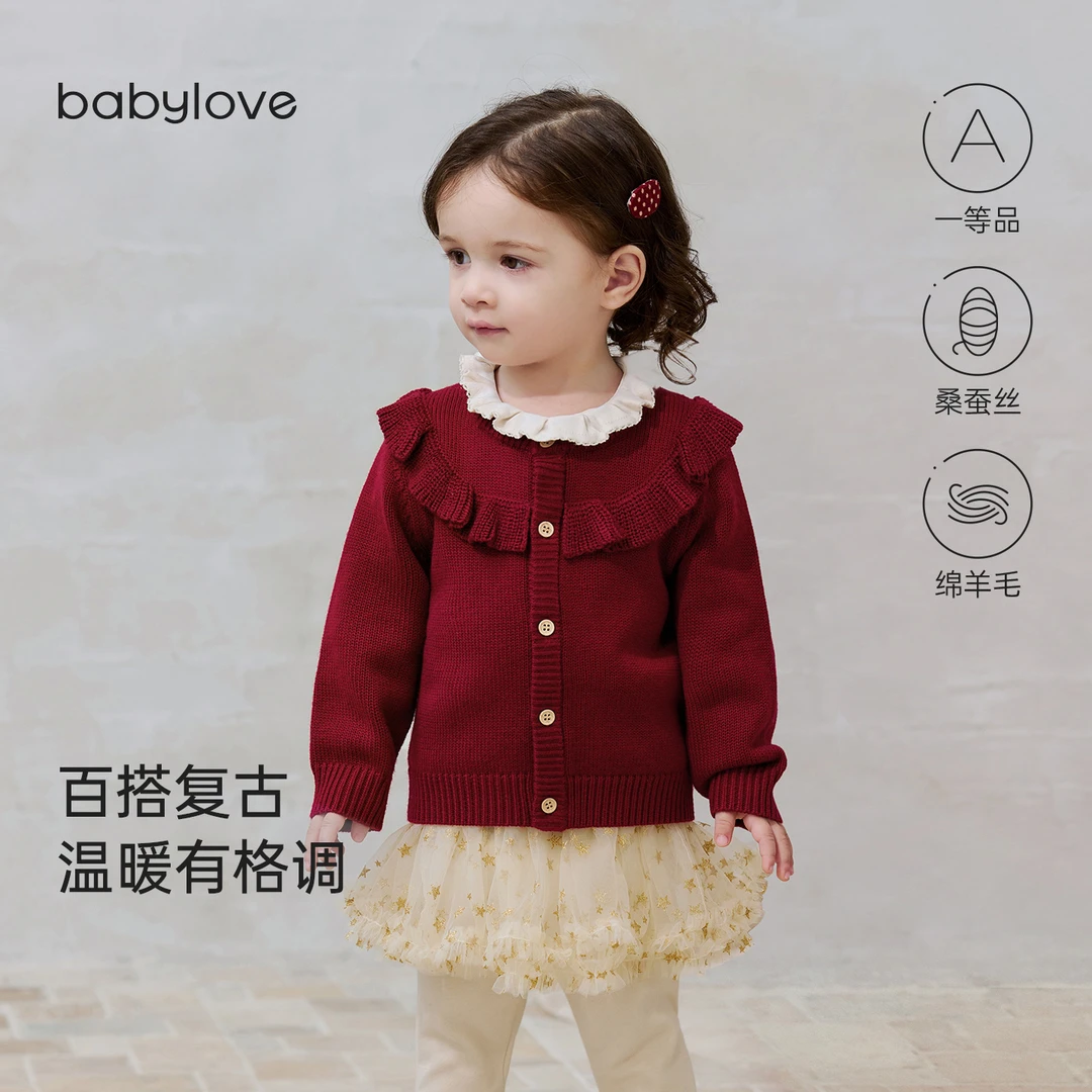babylove女宝宝开衫秋冬毛衣羊毛针织过年上衣婴幼儿新年红色外套