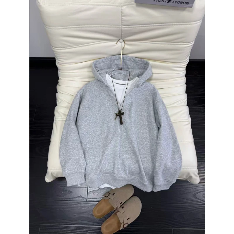 假两件V领连帽卫衣男款秋冬设计感加绒加厚重磅cleanfit情侣外套