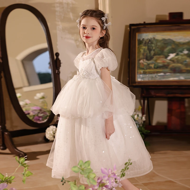 儿童礼服女童洋气夏婚礼花童生日小女孩白色公主裙主持人走秀演出