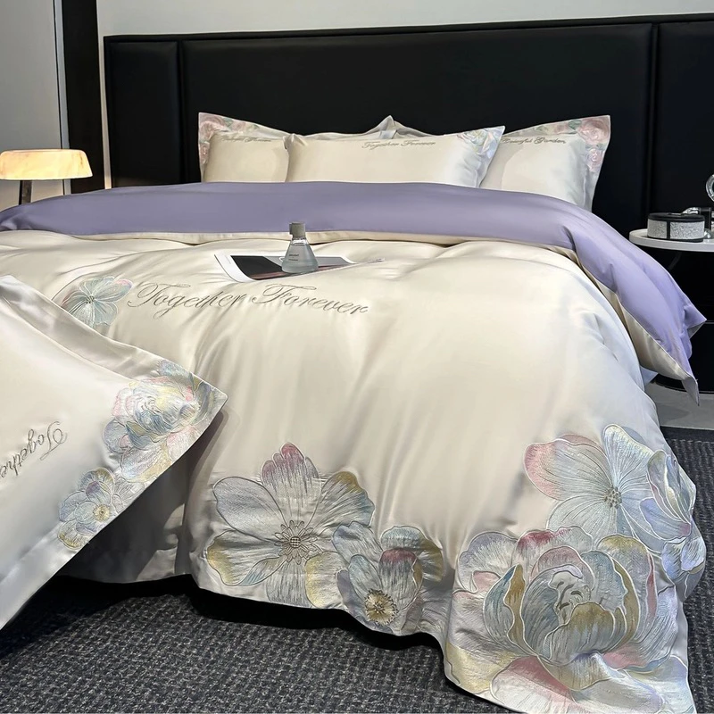 富安娜高级全棉四件套纯棉简约刺绣被套被罩180x200床单床上用品