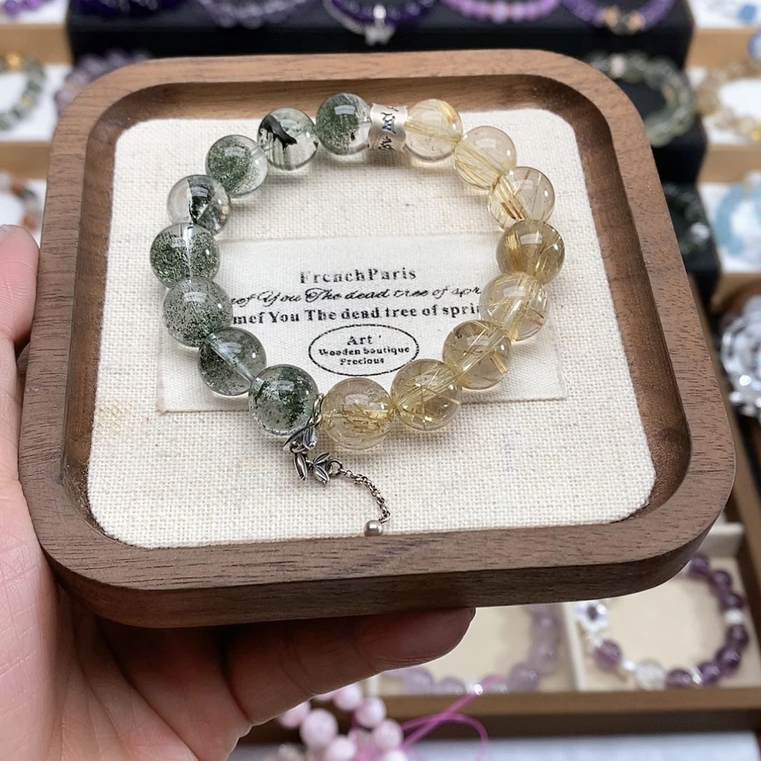 水晶手链未镶嵌大****慧绿幽灵金发晶手串