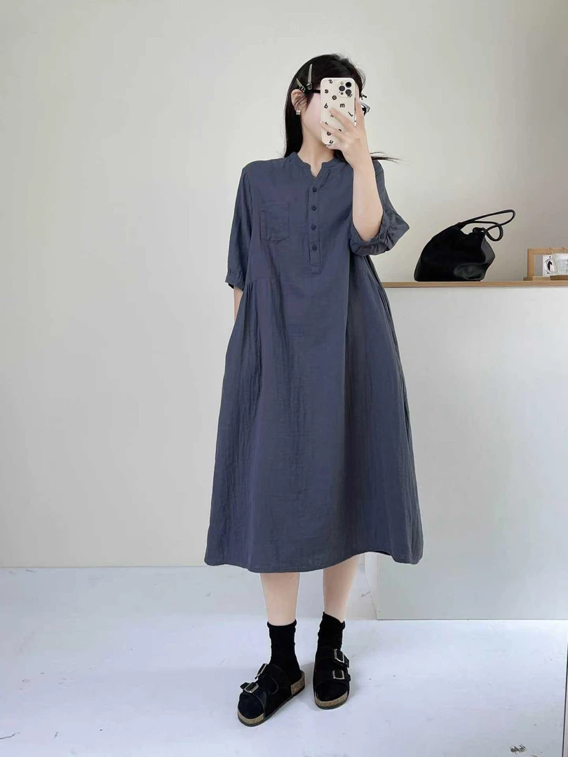 新款纯色苎麻亚麻多色开扣大码中袖文艺纯棉连衣裙