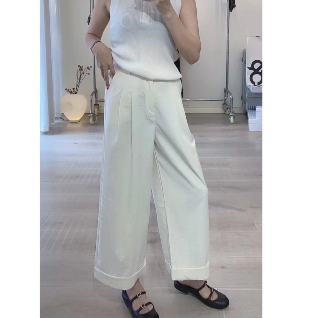 8898夏季韩系半松紧腰复古窄版阔腿裤翻边女返潮高腰宽松休闲裤