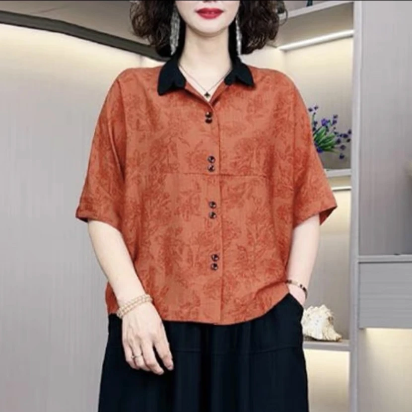 妈妈夏季新款短袖小衫中老年小个子时尚宽松休闲显瘦大码衬衫上衣