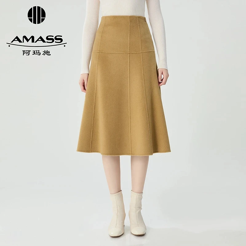 AMASS阿玛施秋季新款高级优雅轻奢风羊绒厚款双面呢半身裙5200406