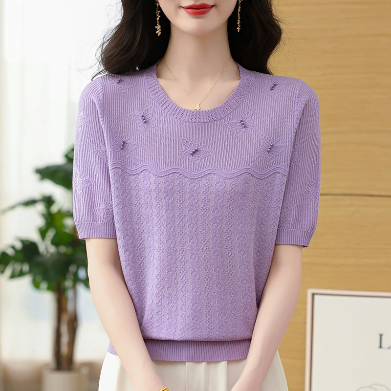 薄款女打底衫大码夏季套头毛针织衫夏季镂空短袖时尚圆领