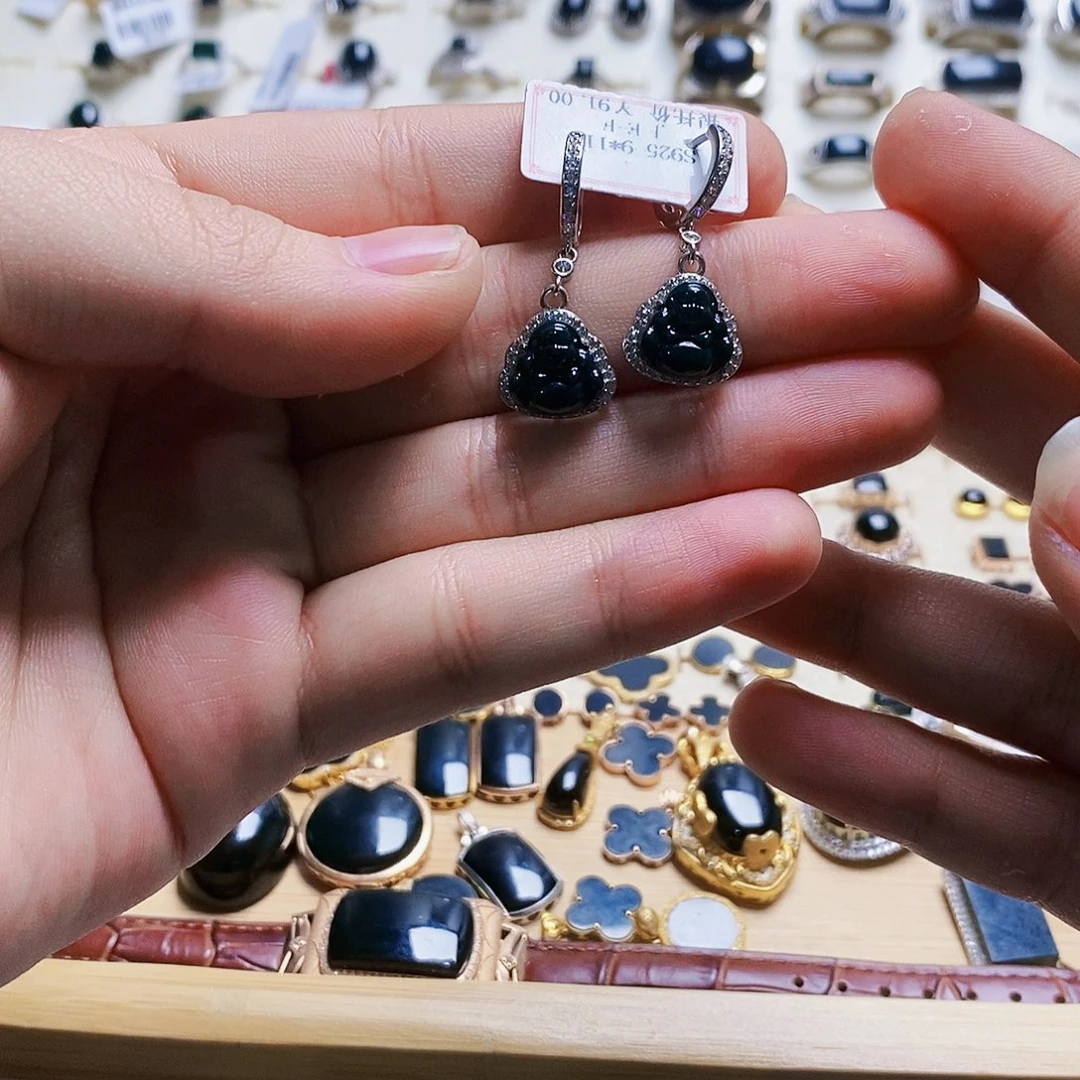 翡翠耳坠银S925镶嵌缅甸天然墨翠耳坠银S925