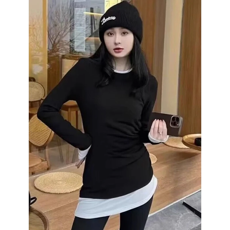 中长款加厚德绒保暖长袖打底衫T恤女春秋冬季内搭大码假两件上衣