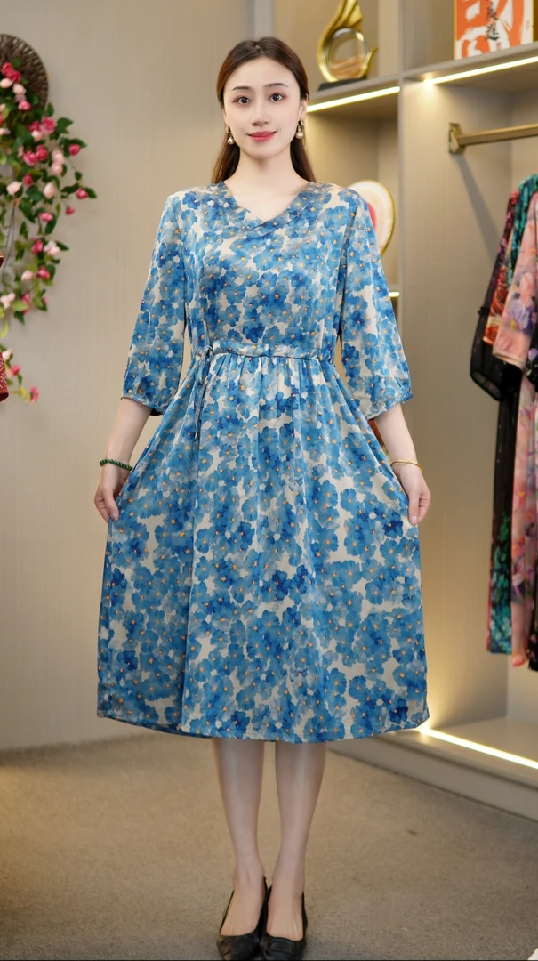 妈妈装连衣裙新款中袖女装【蓝花朵朵】YX