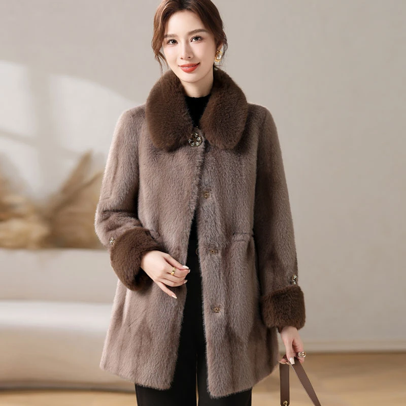 中年妈妈冬装水貂绒大衣外套中老年女装富婆太太皮毛一体高档上衣